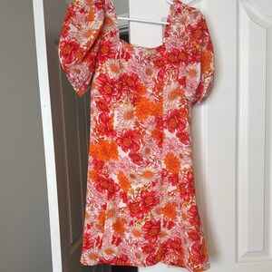 Floral Puff Sleeve Dress - Red and Orange